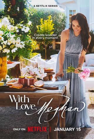 Meghan Markle standing in a gray dress holding flowers in a Netflix poster for With Love, Meghan