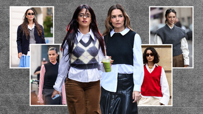 collage of camila cabello, katie holmes, and other women wearing sweater vests