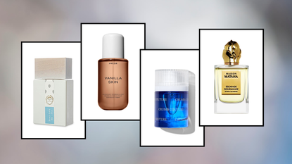 Product collage of Giardini di Toscana Bianco Latte, Phlur Vanilla Skin Body & Hair Fragrance Mist, Maison Mataha Escapade Gourmande, Snif Crumb Couture in white boxes with black border on white, grey, pink gradient background